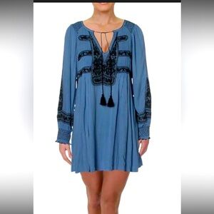 Free People small wind willow Blue Boho Dress with Embroidery mini dress